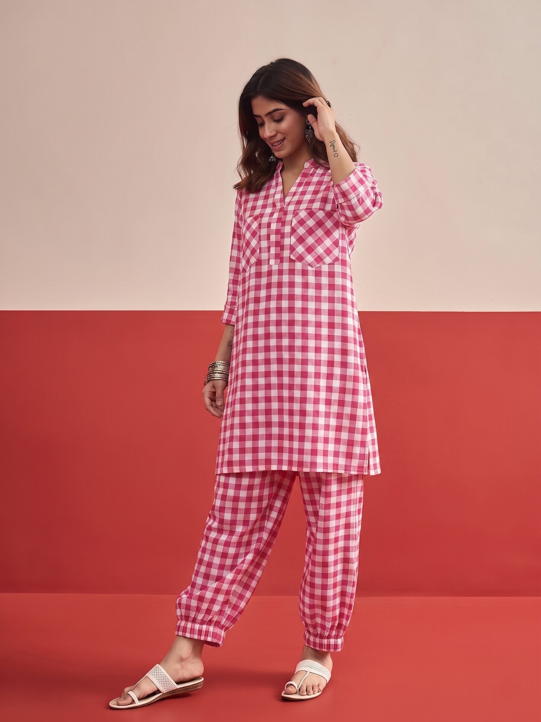 Pink Big Check Afghani Set