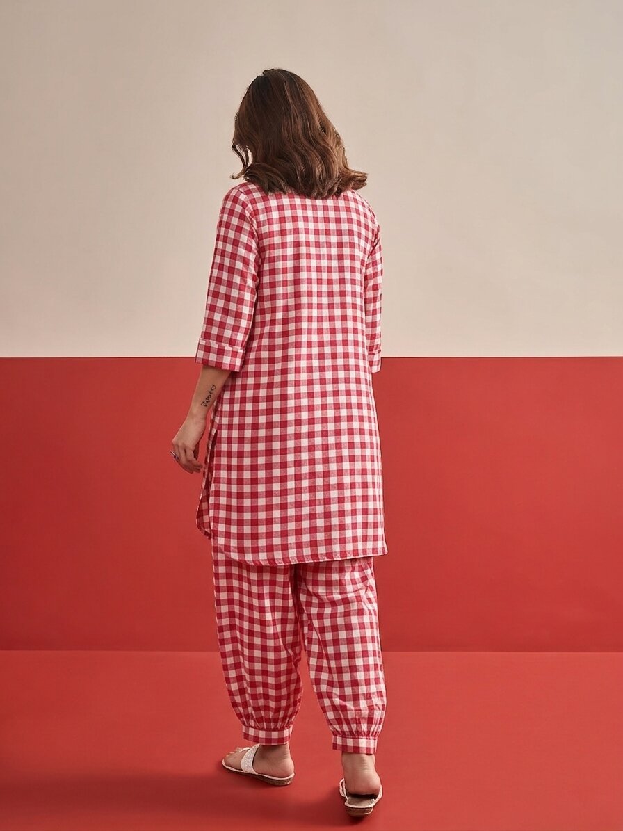 Pink Big Check Afghani Set
