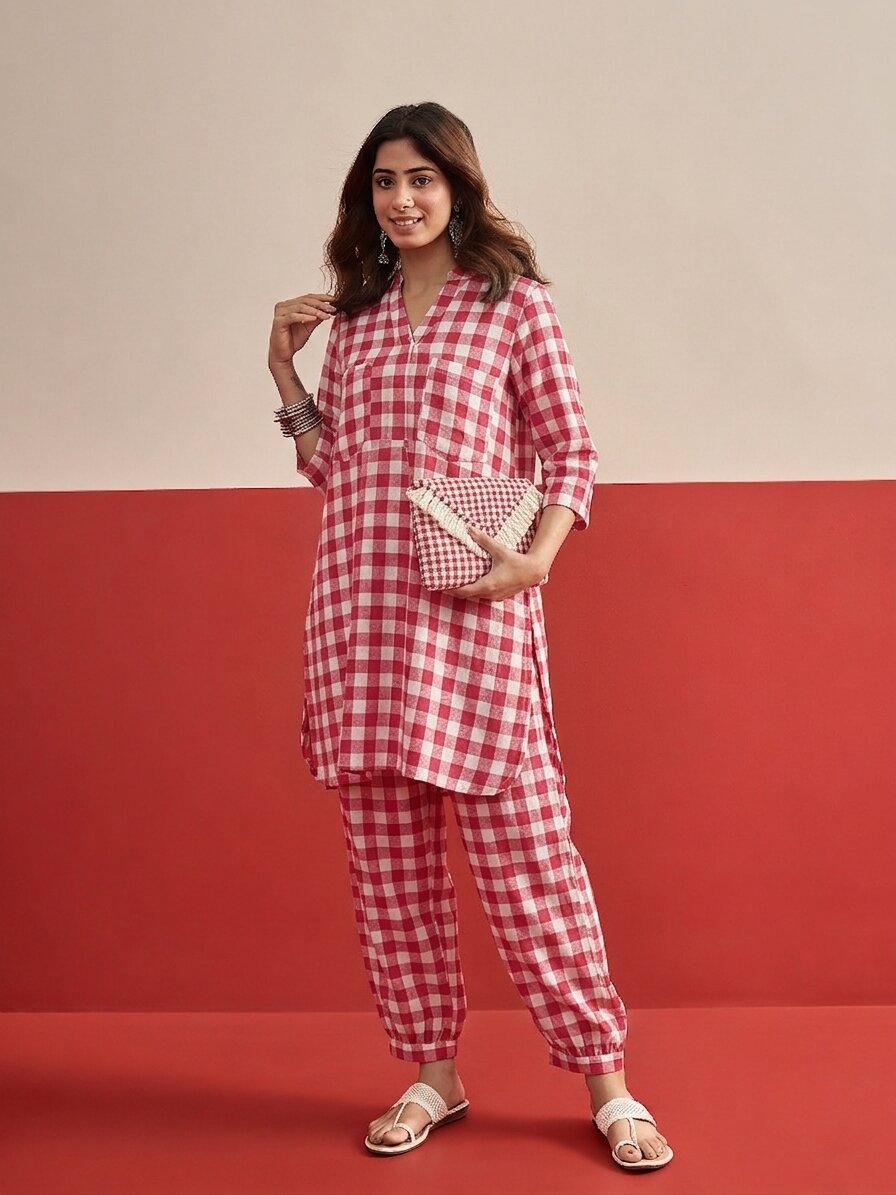 Pink Big Check Afghani Set