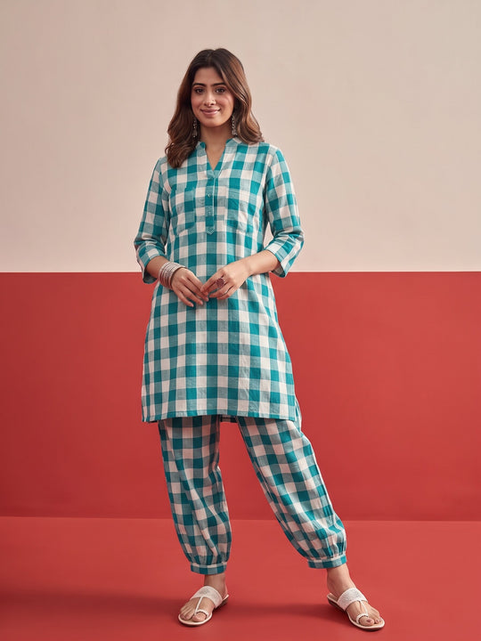 Blue Big Check Afghani Set
