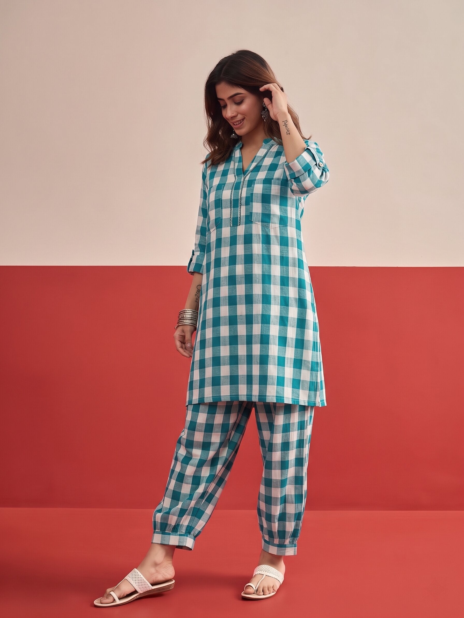 Blue Big Check Afghani Set