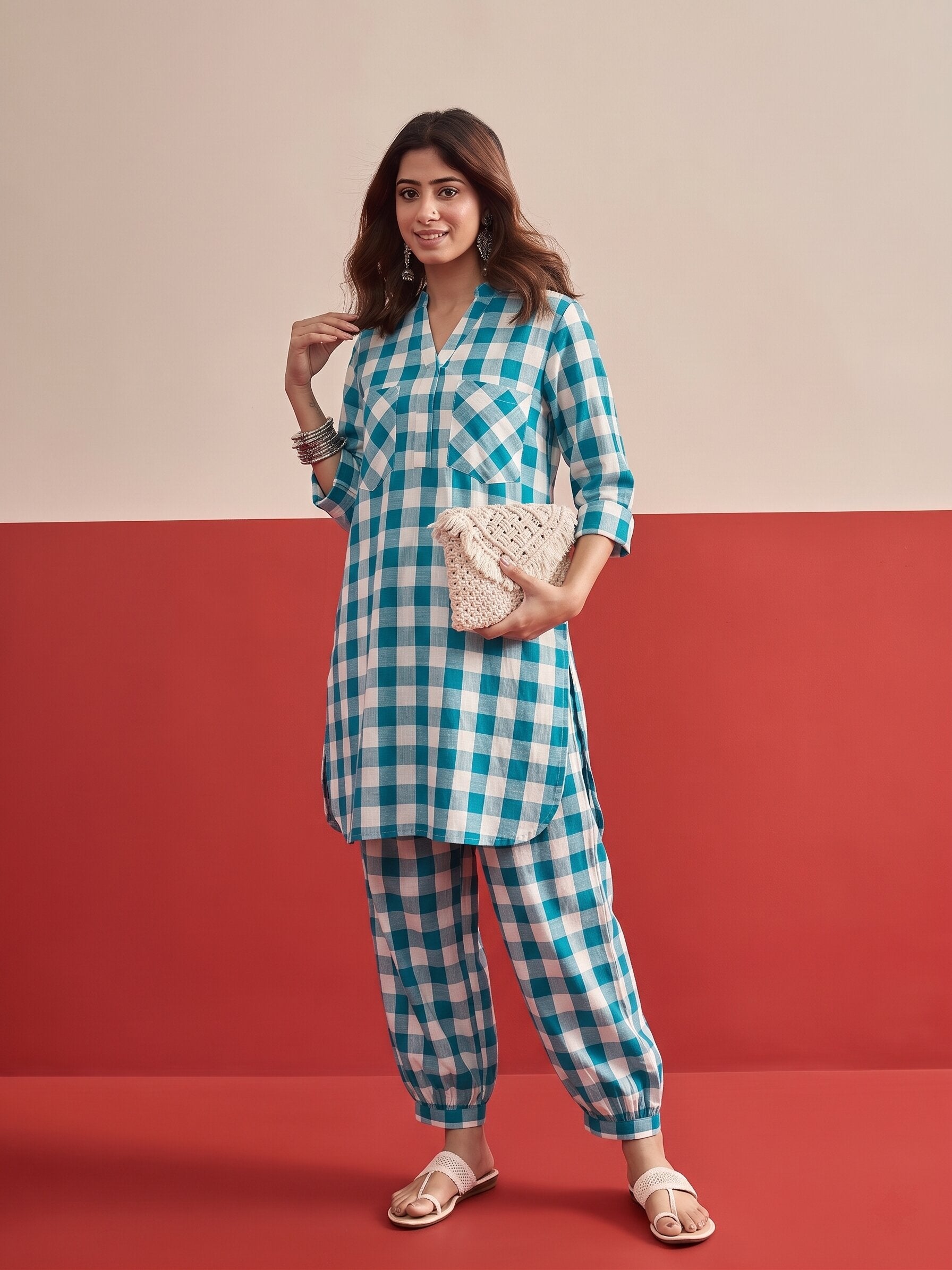 Blue Big Check Afghani Set