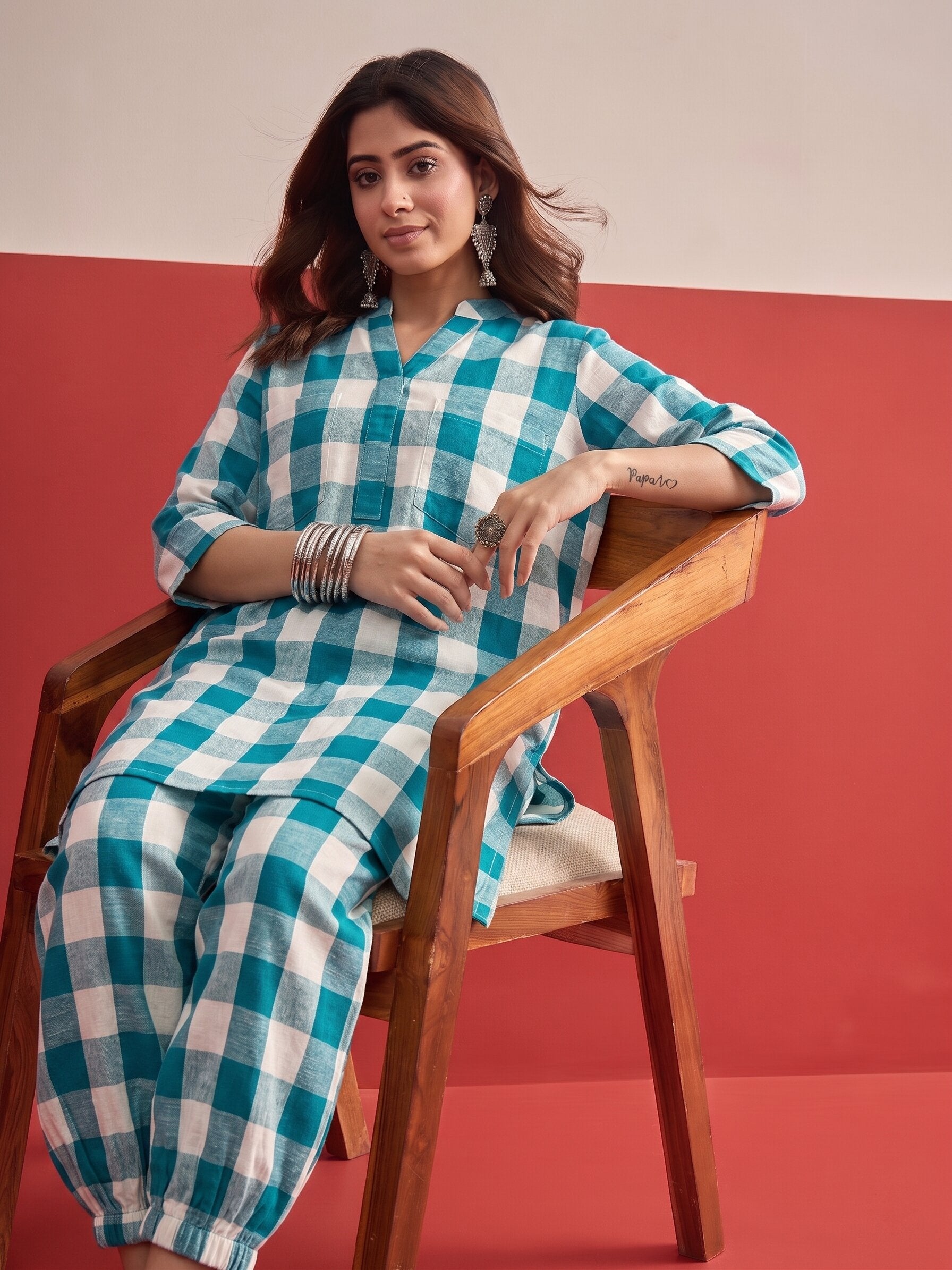 Blue Big Check Afghani Set