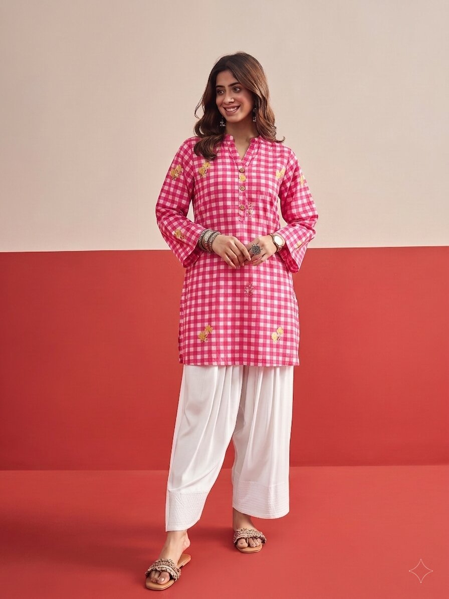 Pink Check Floral White Salwar Set