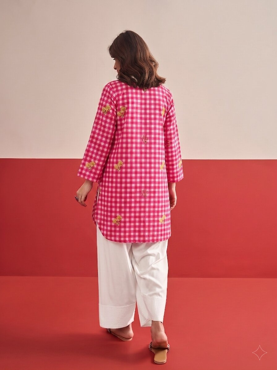 Pink Check Floral White Salwar Set