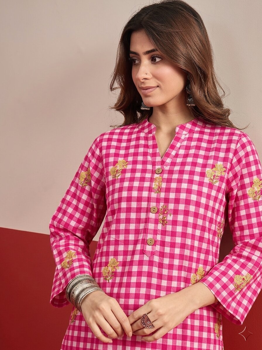 Pink Check Floral White Salwar Set
