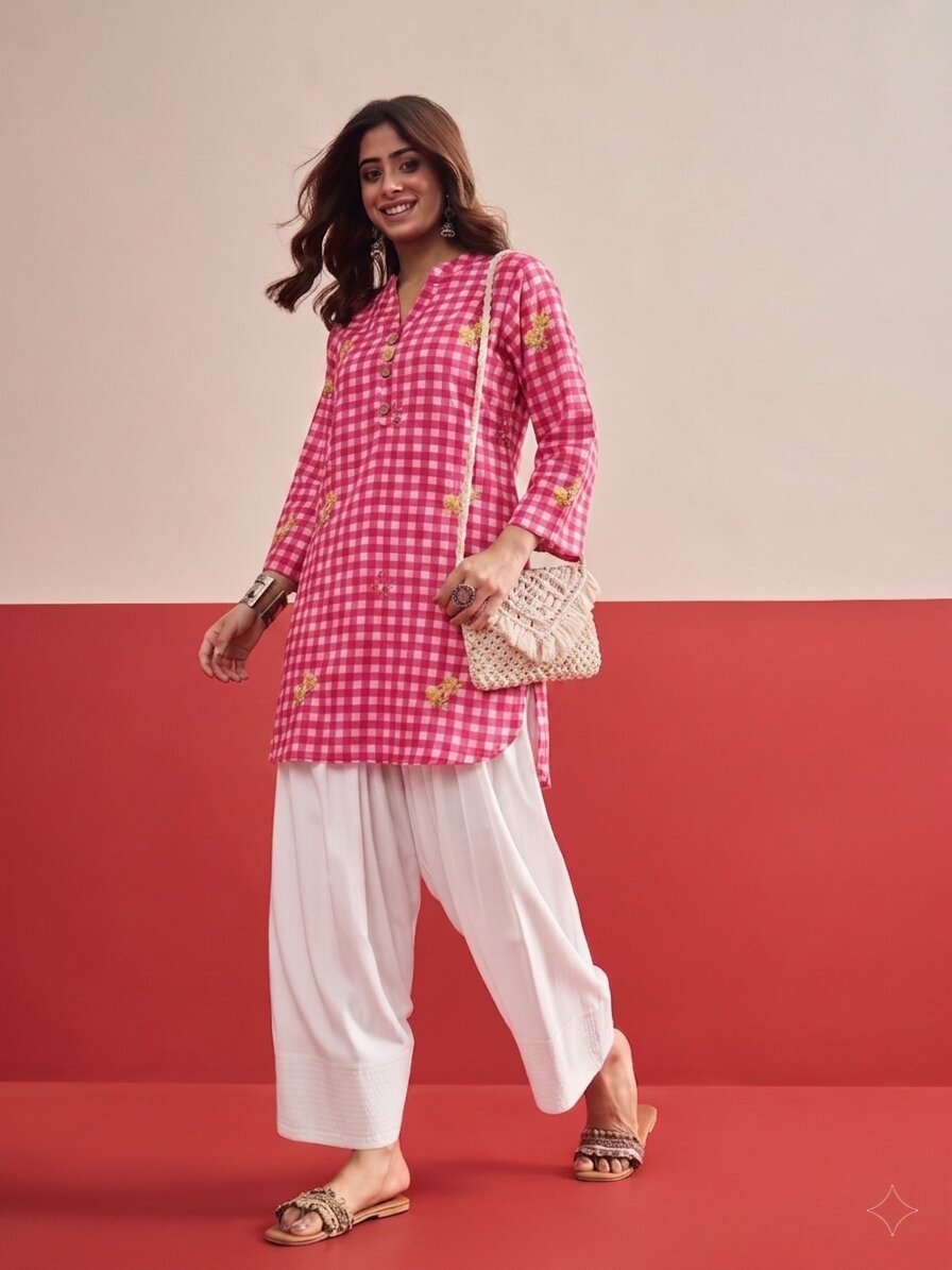 Pink Check Floral White Salwar Set