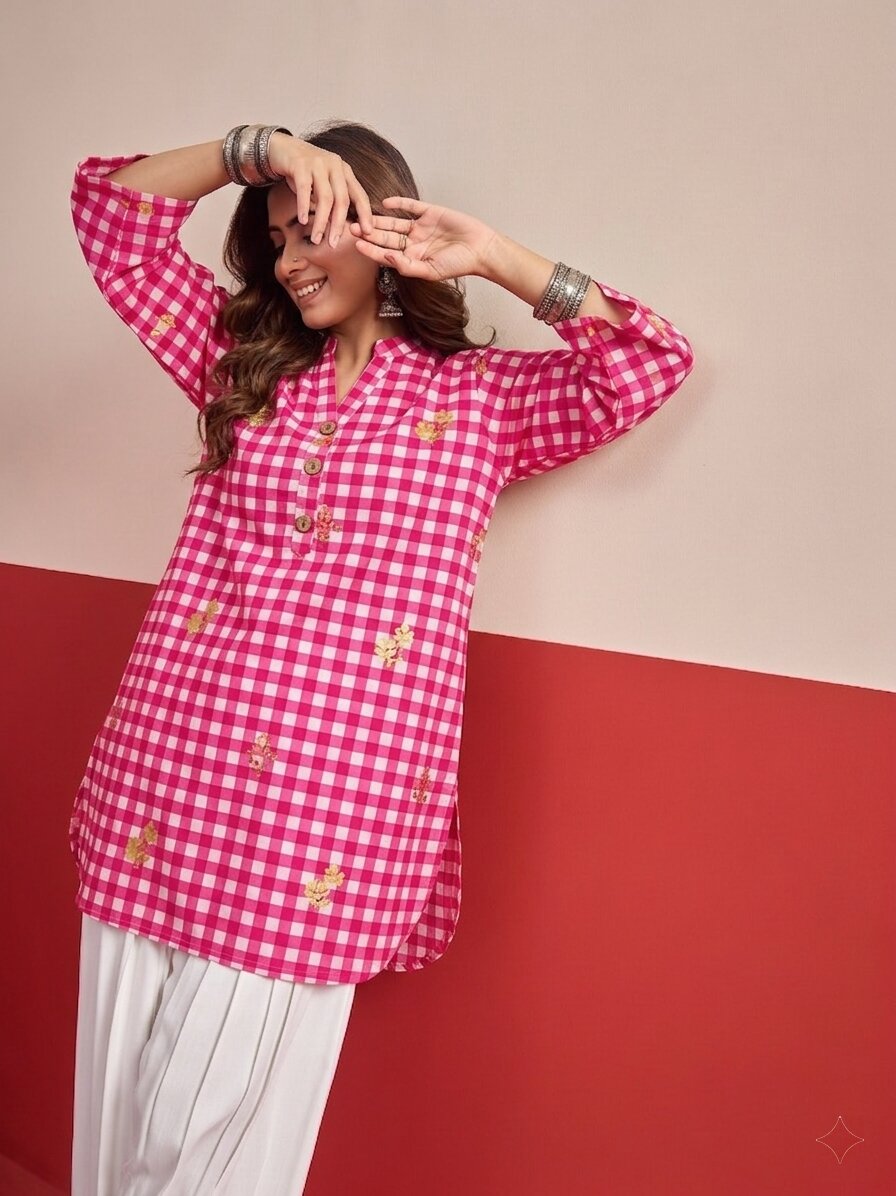 Pink Check Floral White Salwar Set