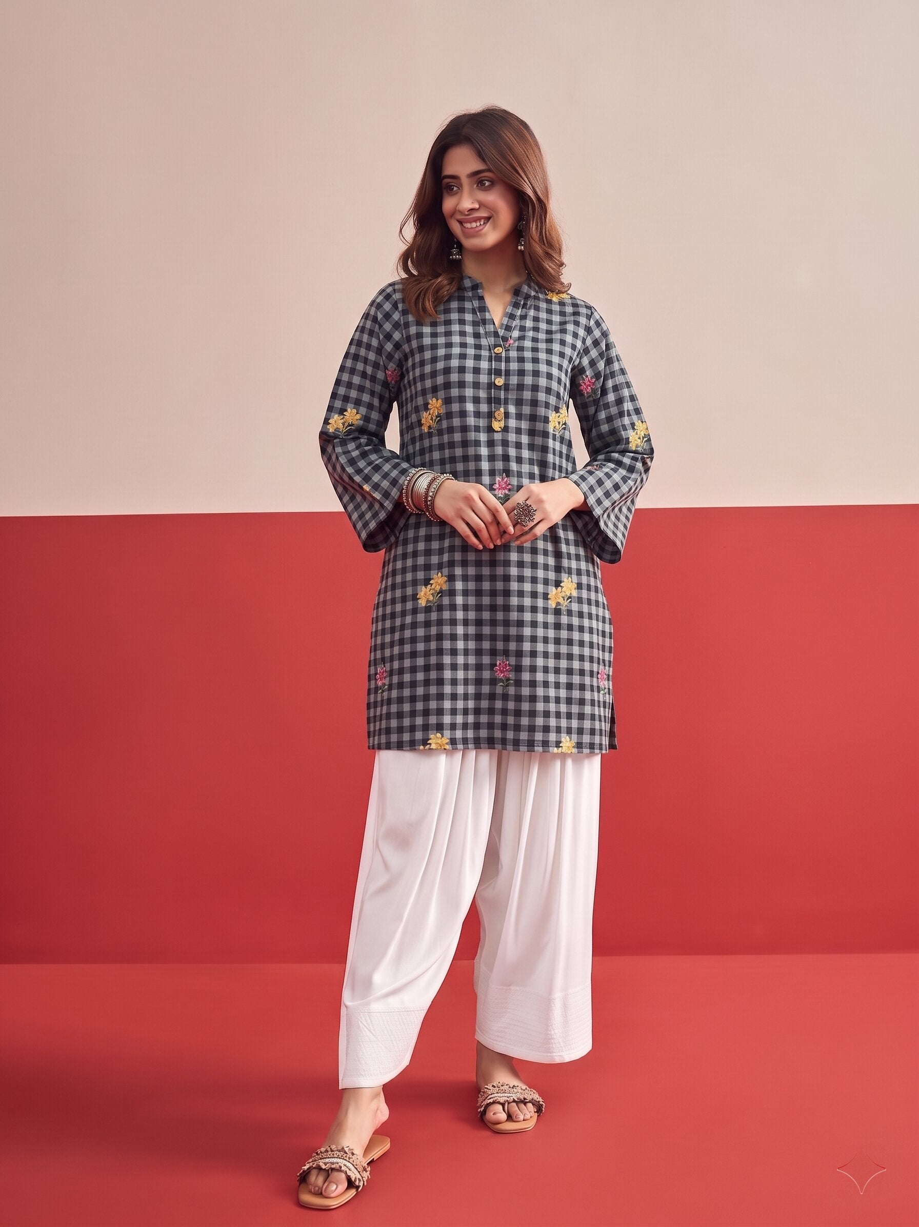 Black Check Floral White Salwar Set