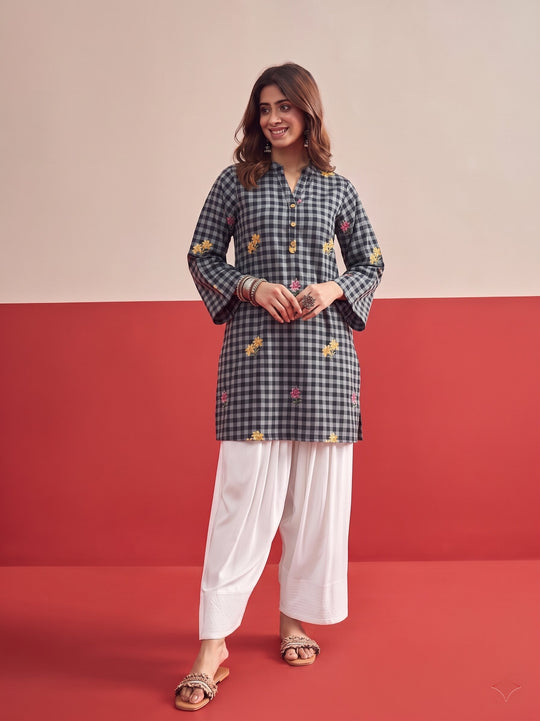 Black Check Floral White Salwar Set