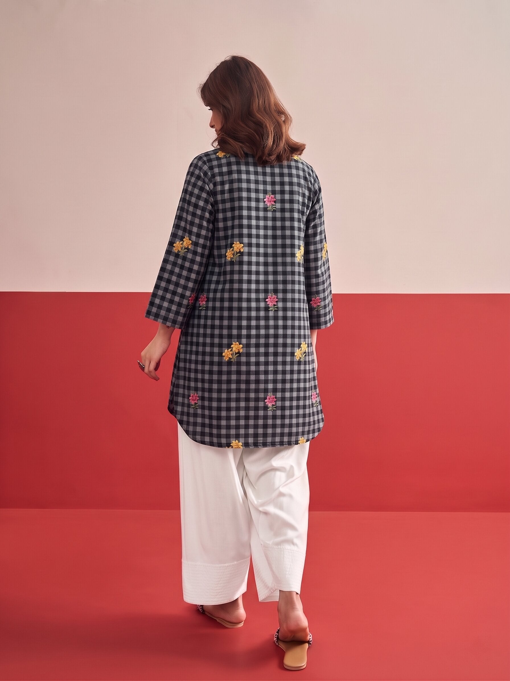 Black Check Floral White Salwar Set