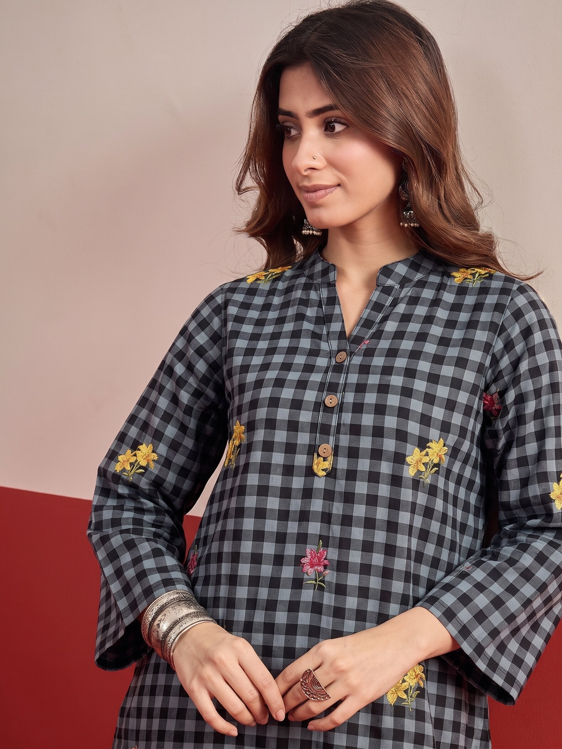 Black Check Floral White Salwar Set