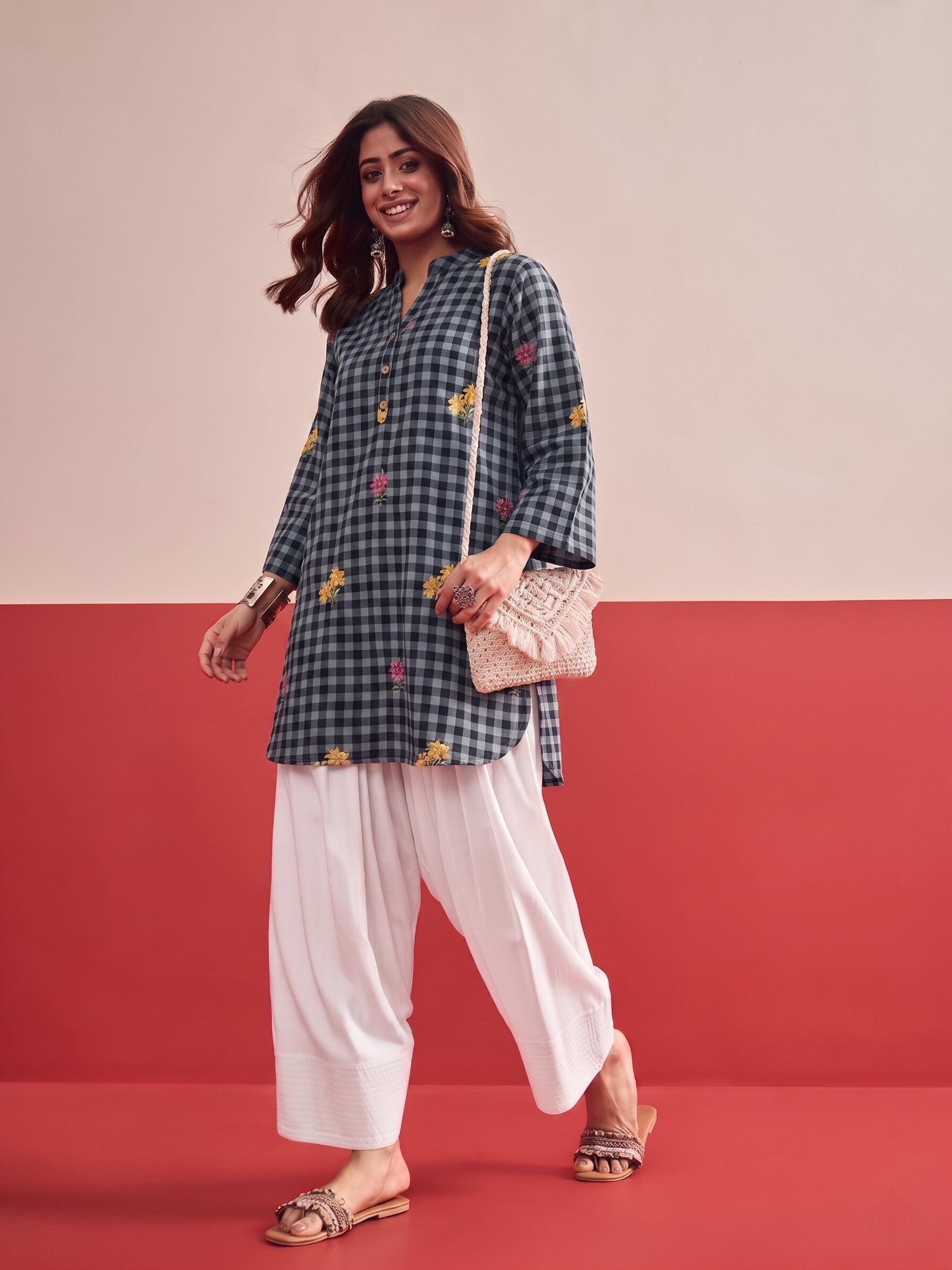 Black Check Floral White Salwar Set