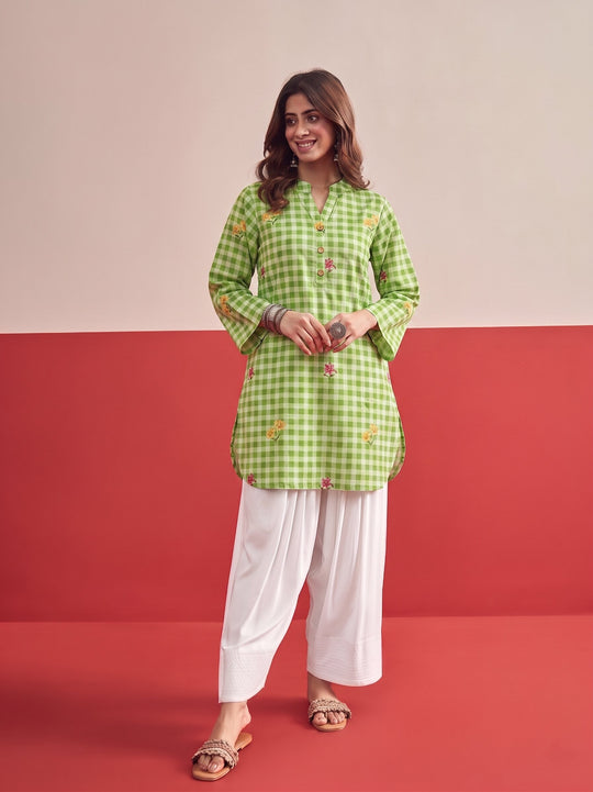 Green Check Floral White Salwar Set
