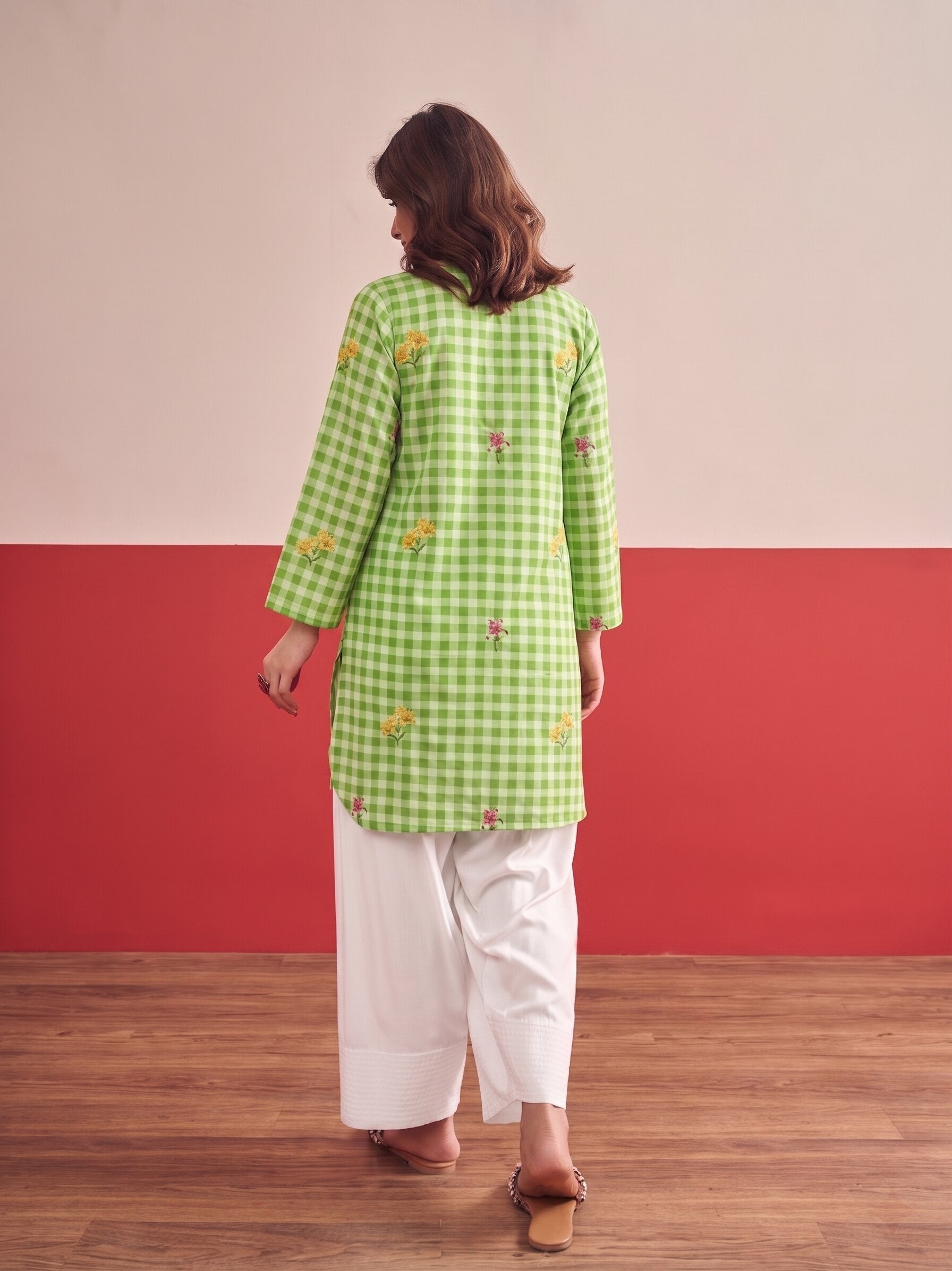 Green Check Floral White Salwar Set