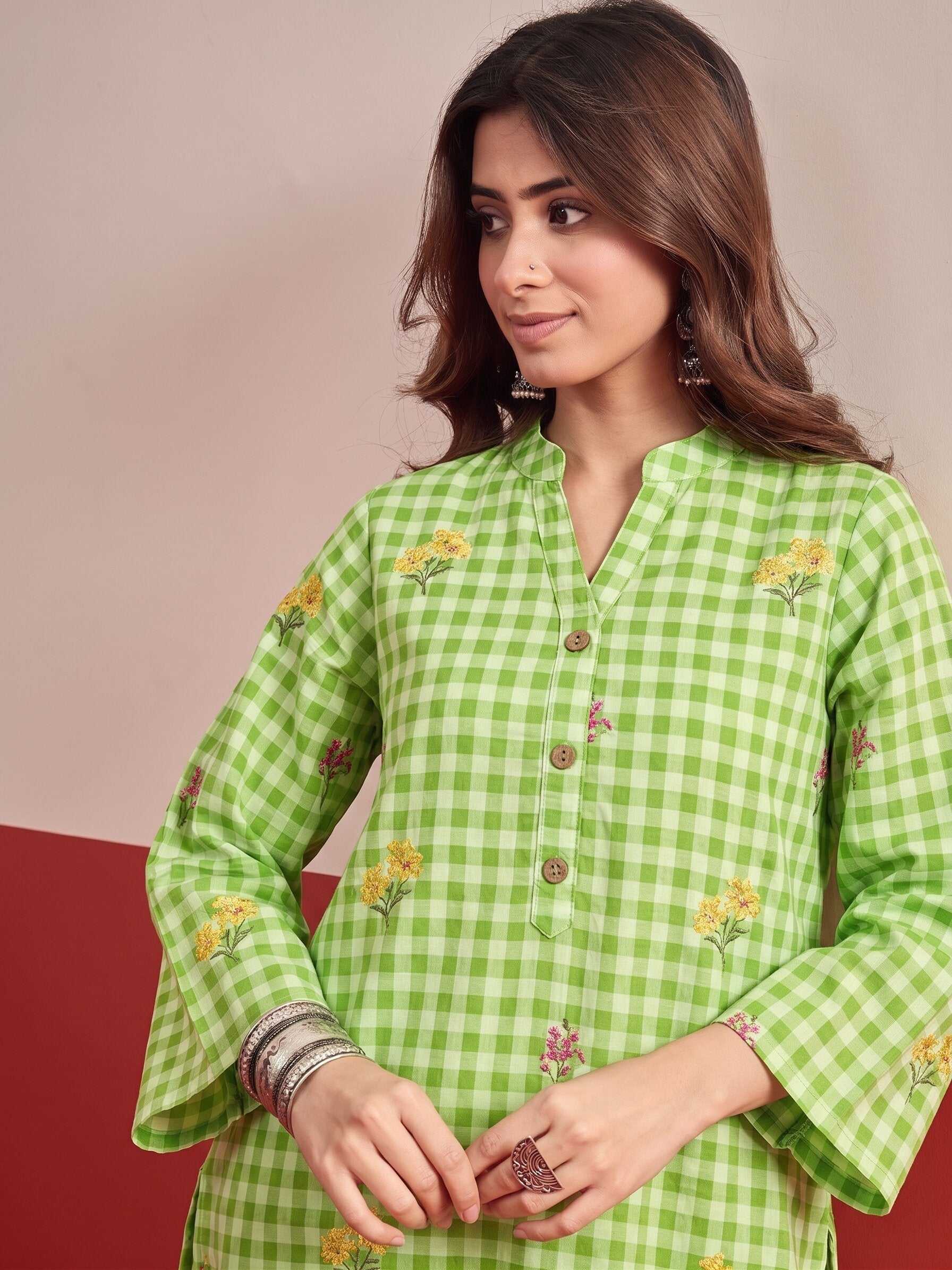 Green Check Floral White Salwar Set