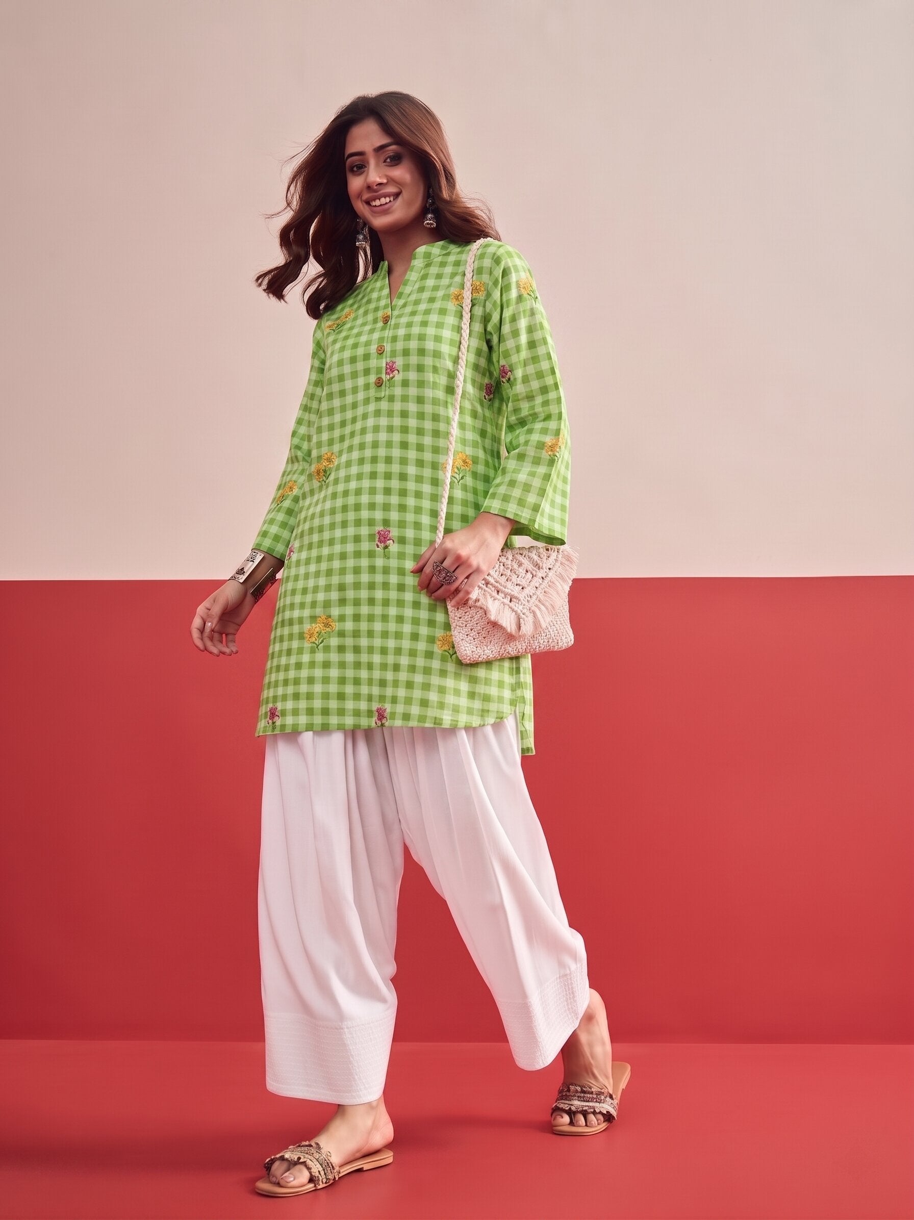 Green Check Floral White Salwar Set