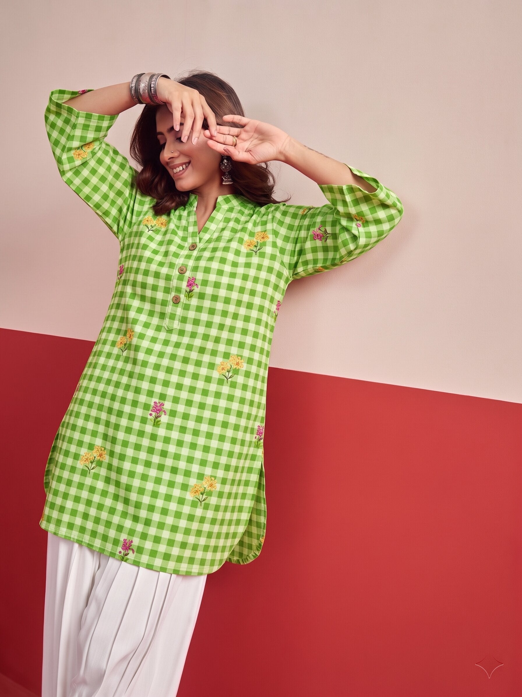 Green Check Floral White Salwar Set