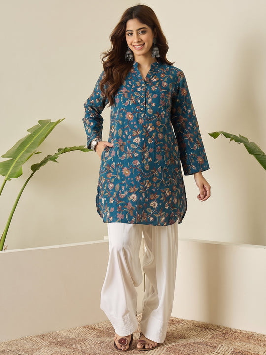 Blue Classic Floral White Salwar Set