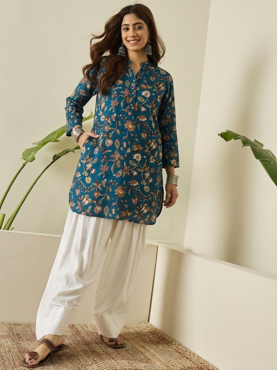Blue Classic Floral White Salwar Set