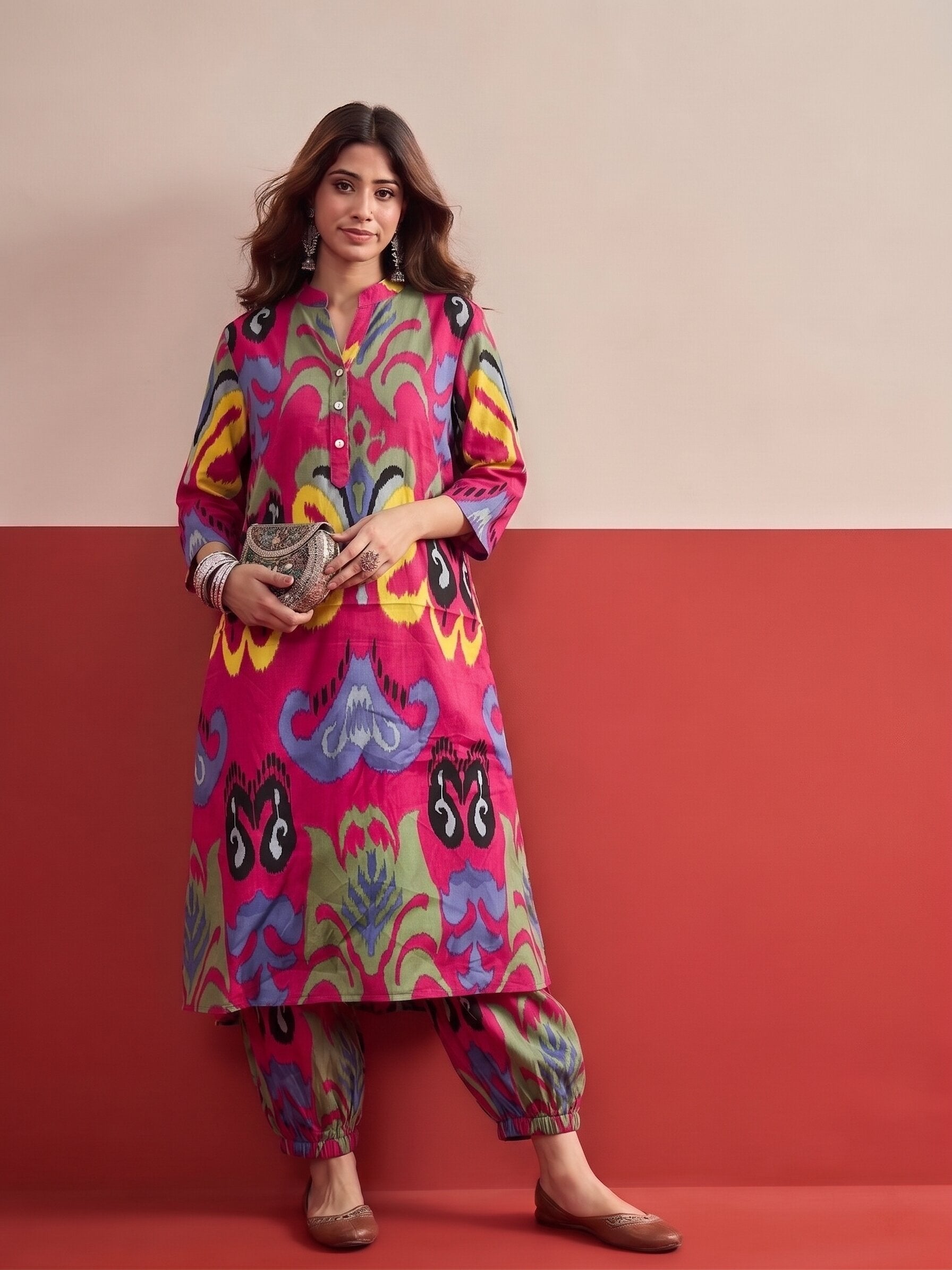 Pink Blue Ikat Afghani Salwar Set