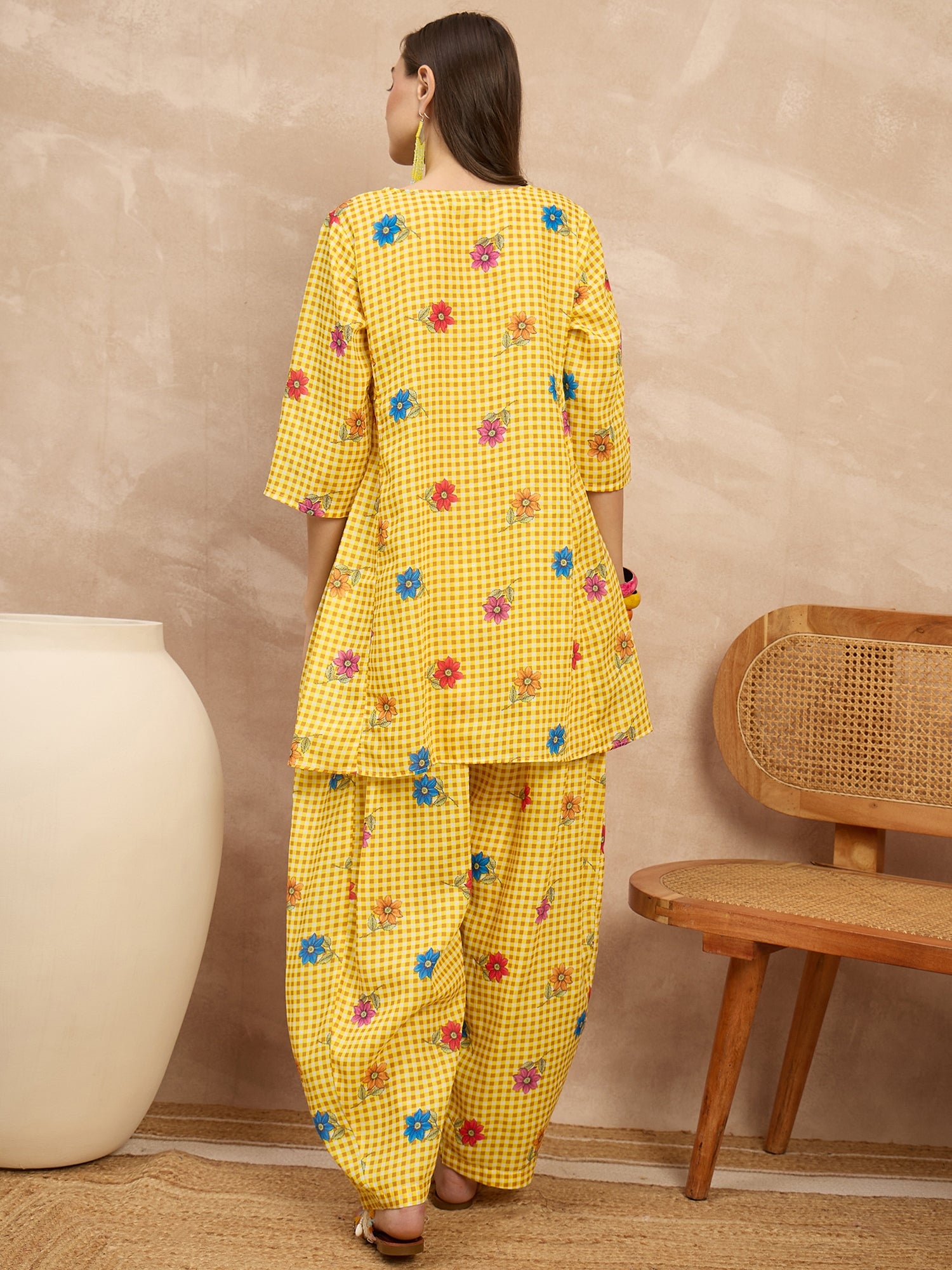 Yellow Check Floral Balloon Co-Ord