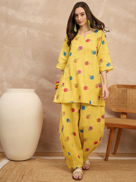 Yellow Check Floral Balloon Co-Ord