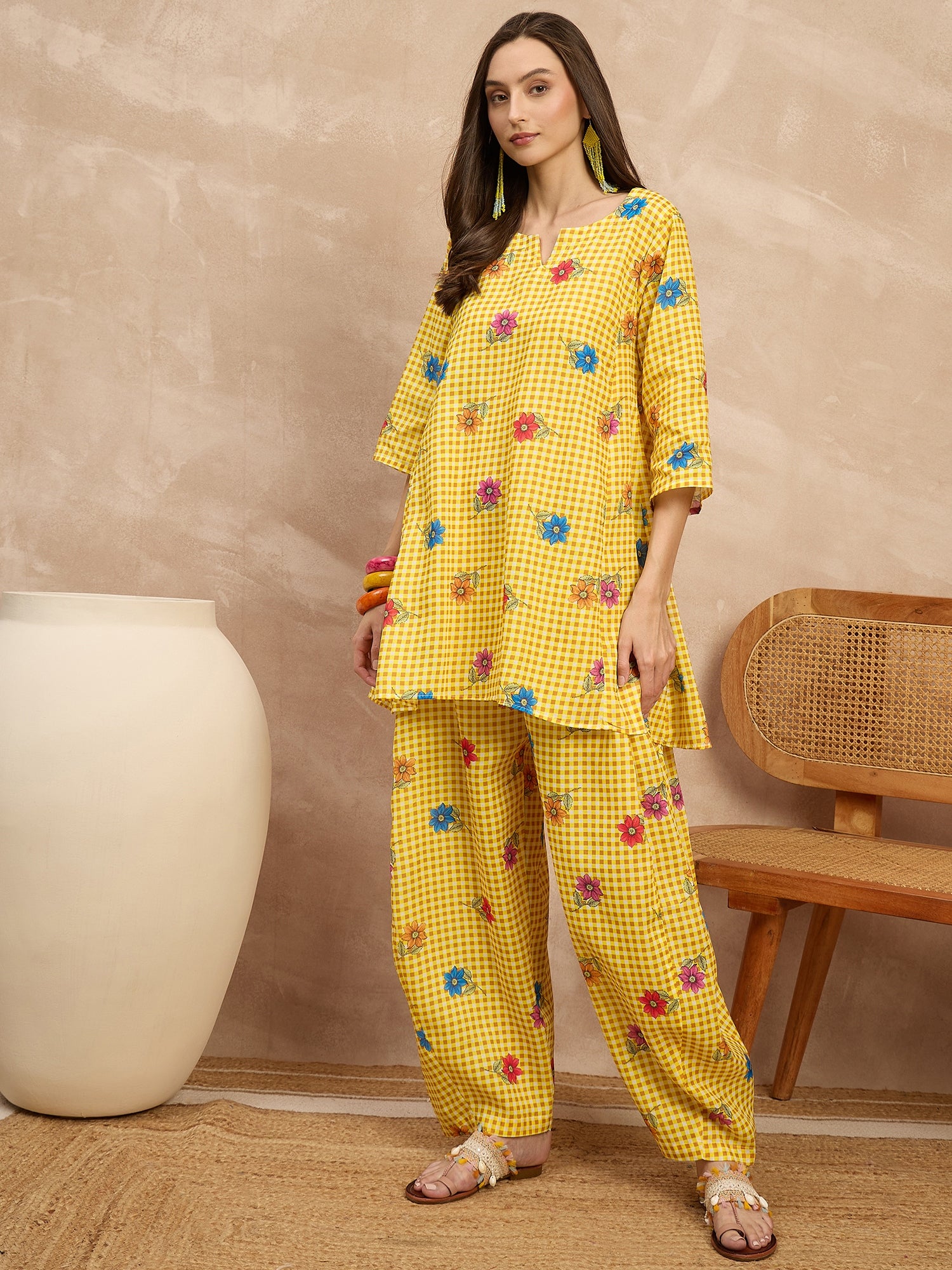 Yellow Check Floral Balloon Co-Ord