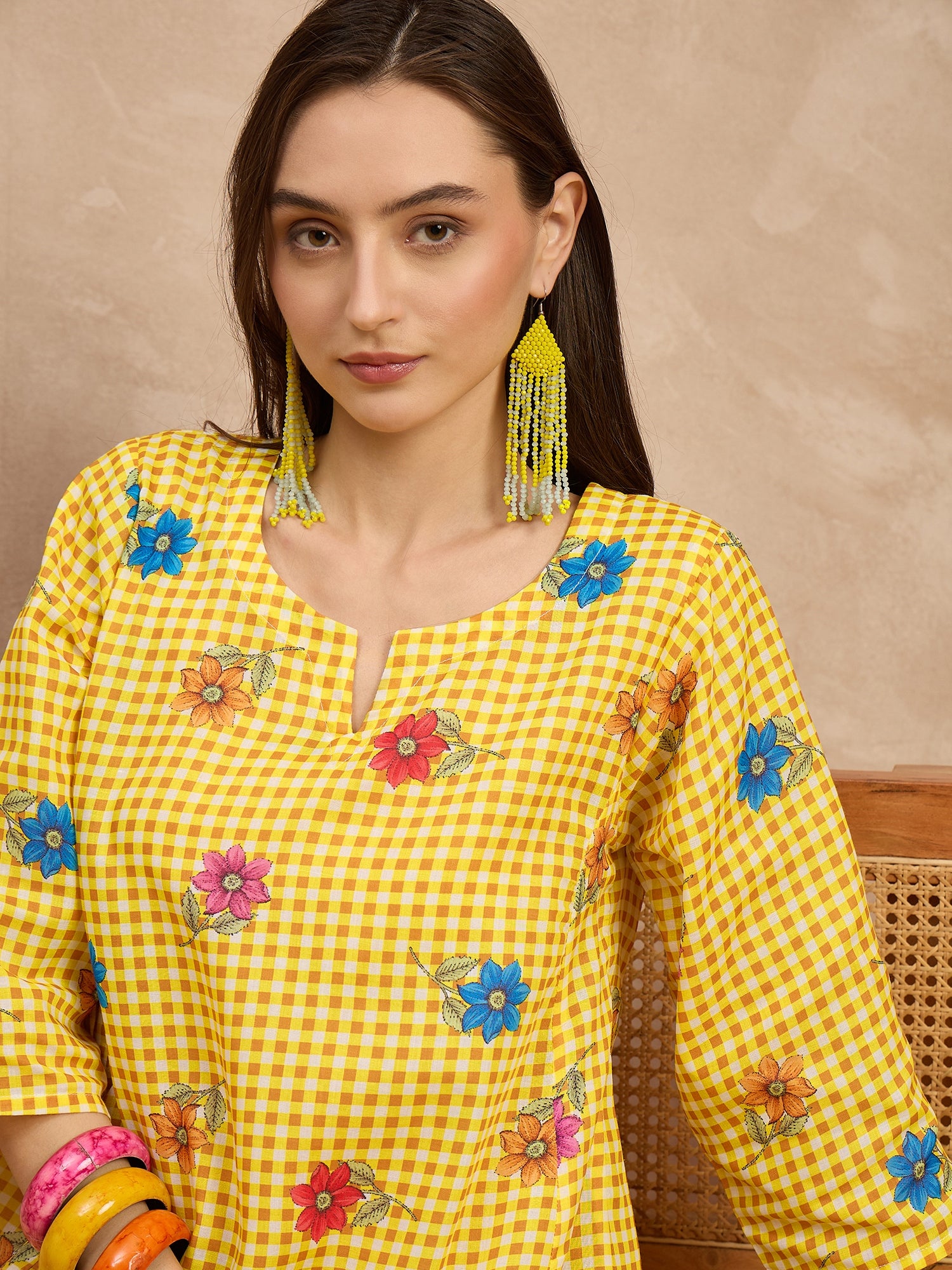 Yellow Check Floral Balloon Co-Ord