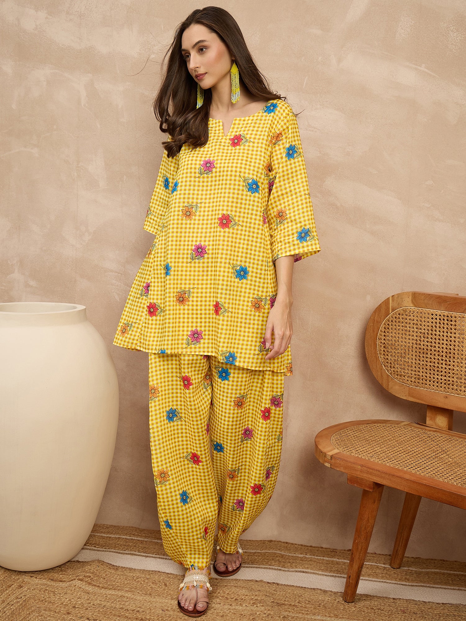 Yellow Check Floral Balloon Co-Ord
