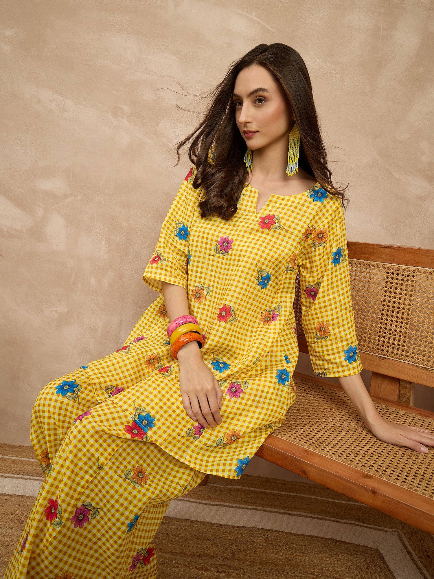 Yellow Check Floral Balloon Co-Ord