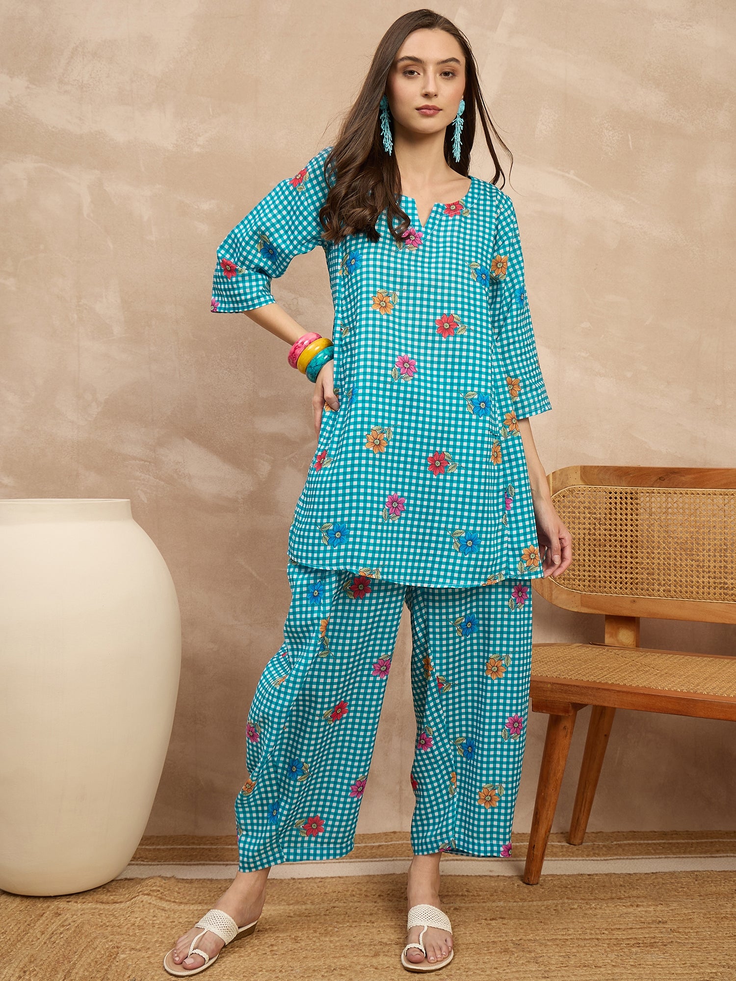 Blue Check Floral Balloon Co-Ord
