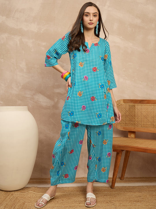Blue Check Floral Balloon Co-Ord