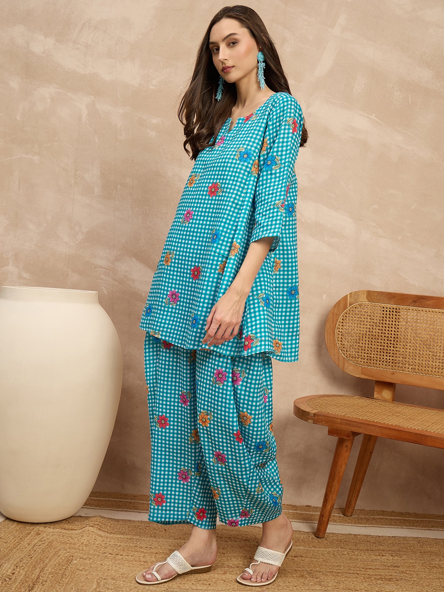 Blue Check Floral Balloon Co-Ord