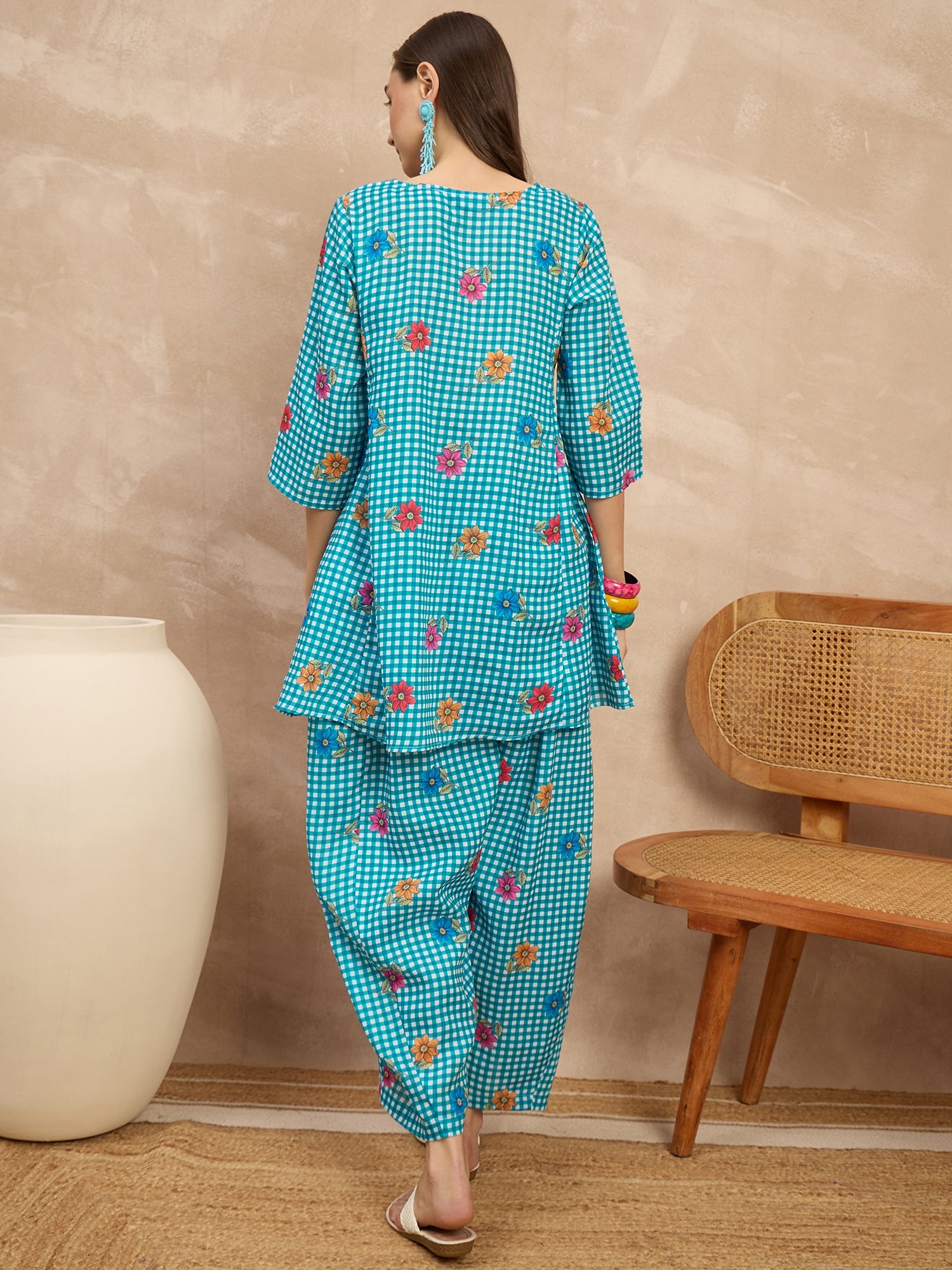 Blue Check Floral Balloon Co-Ord