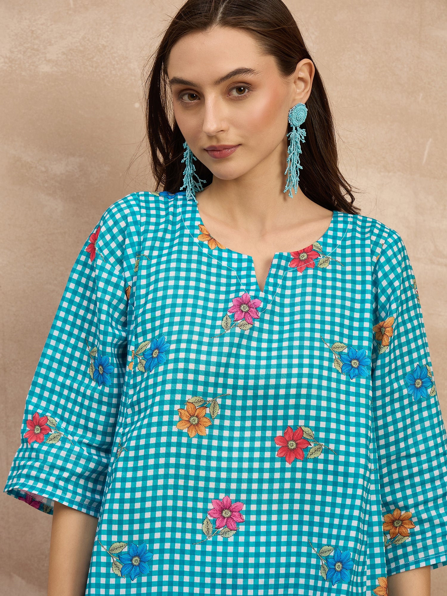 Blue Check Floral Balloon Co-Ord