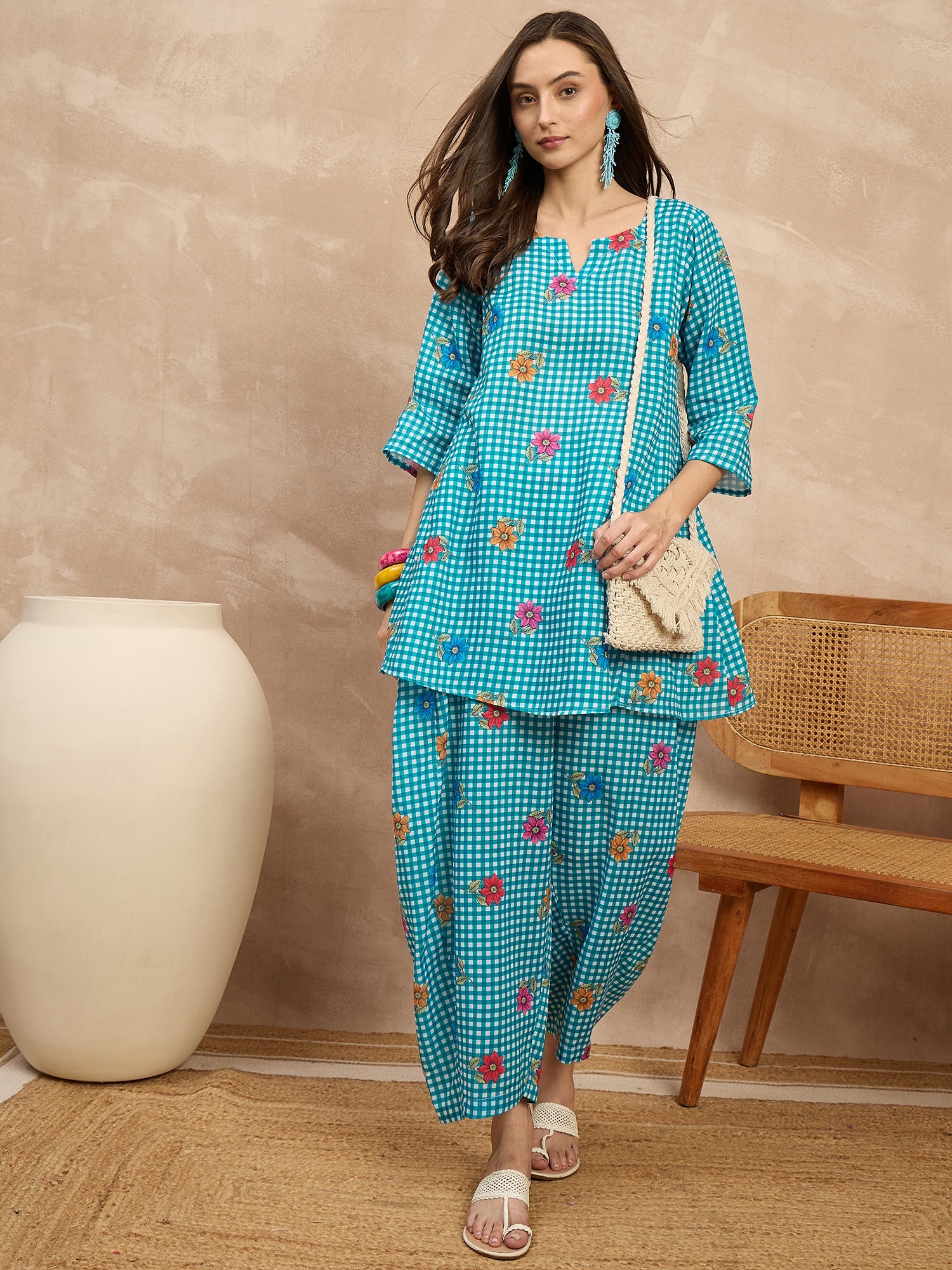 Blue Check Floral Balloon Co-Ord