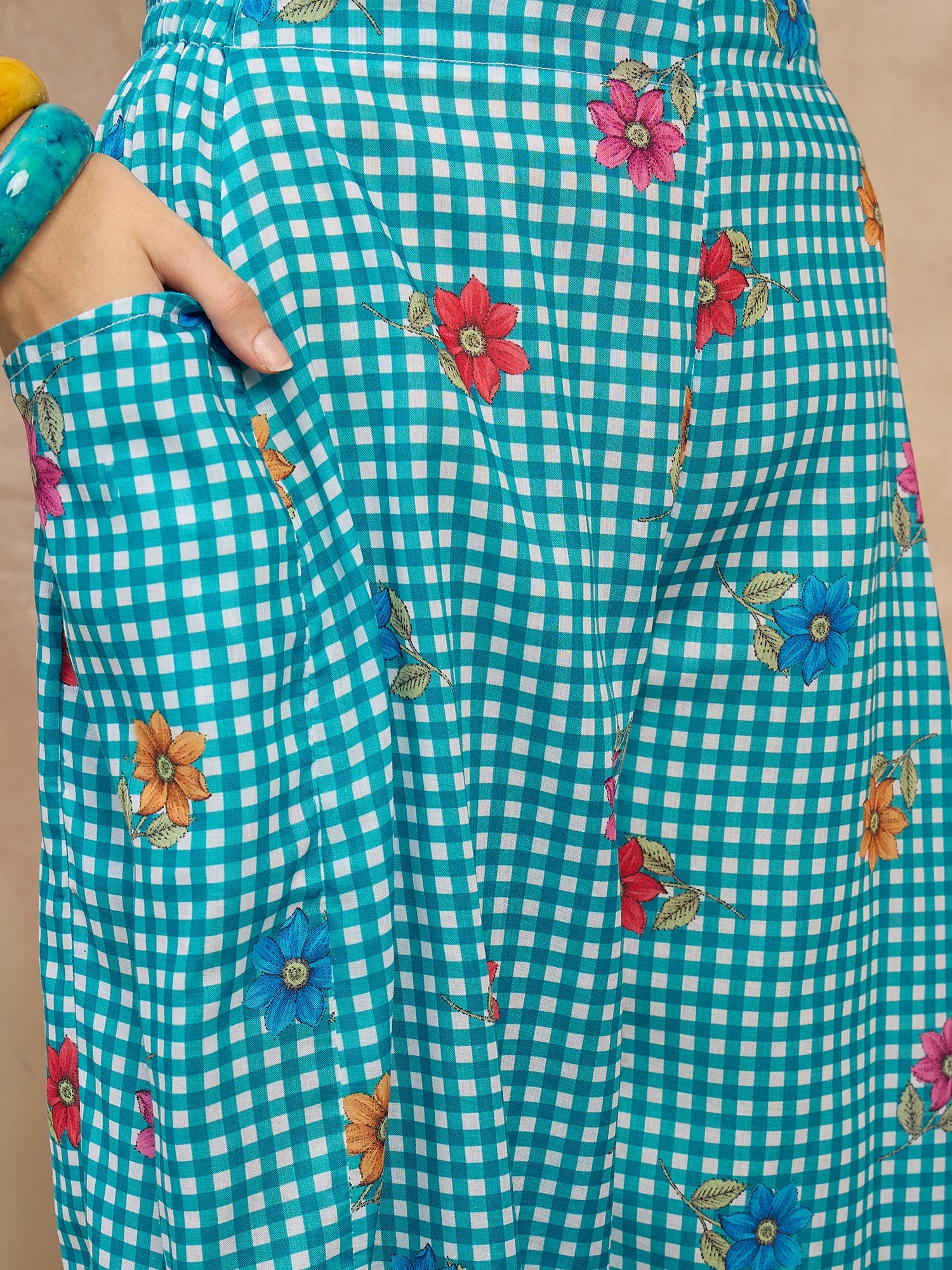 Blue Check Floral Balloon Co-Ord