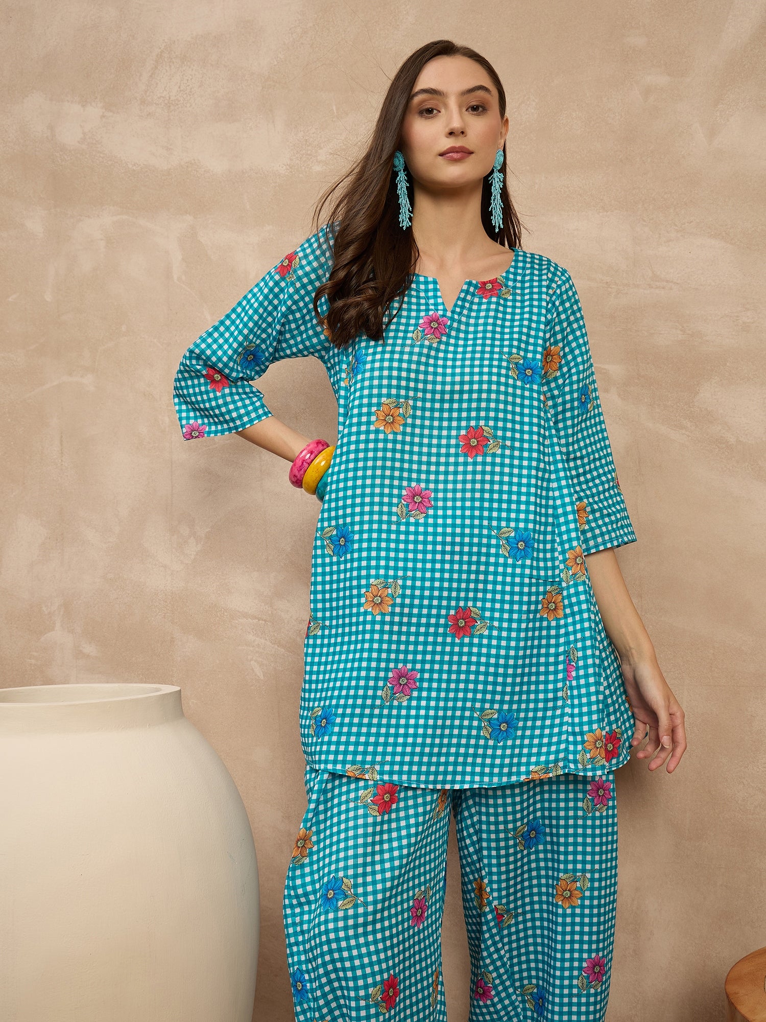 Blue Check Floral Balloon Co-Ord