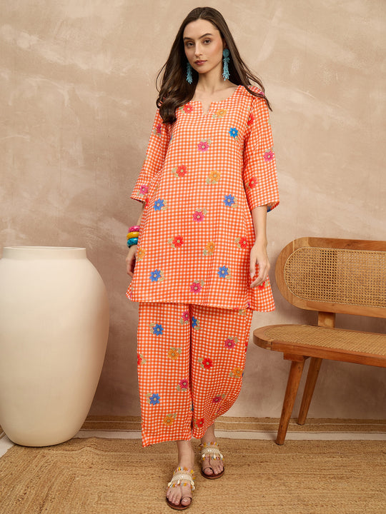 Orange Check Floral Balloon Co-Ord