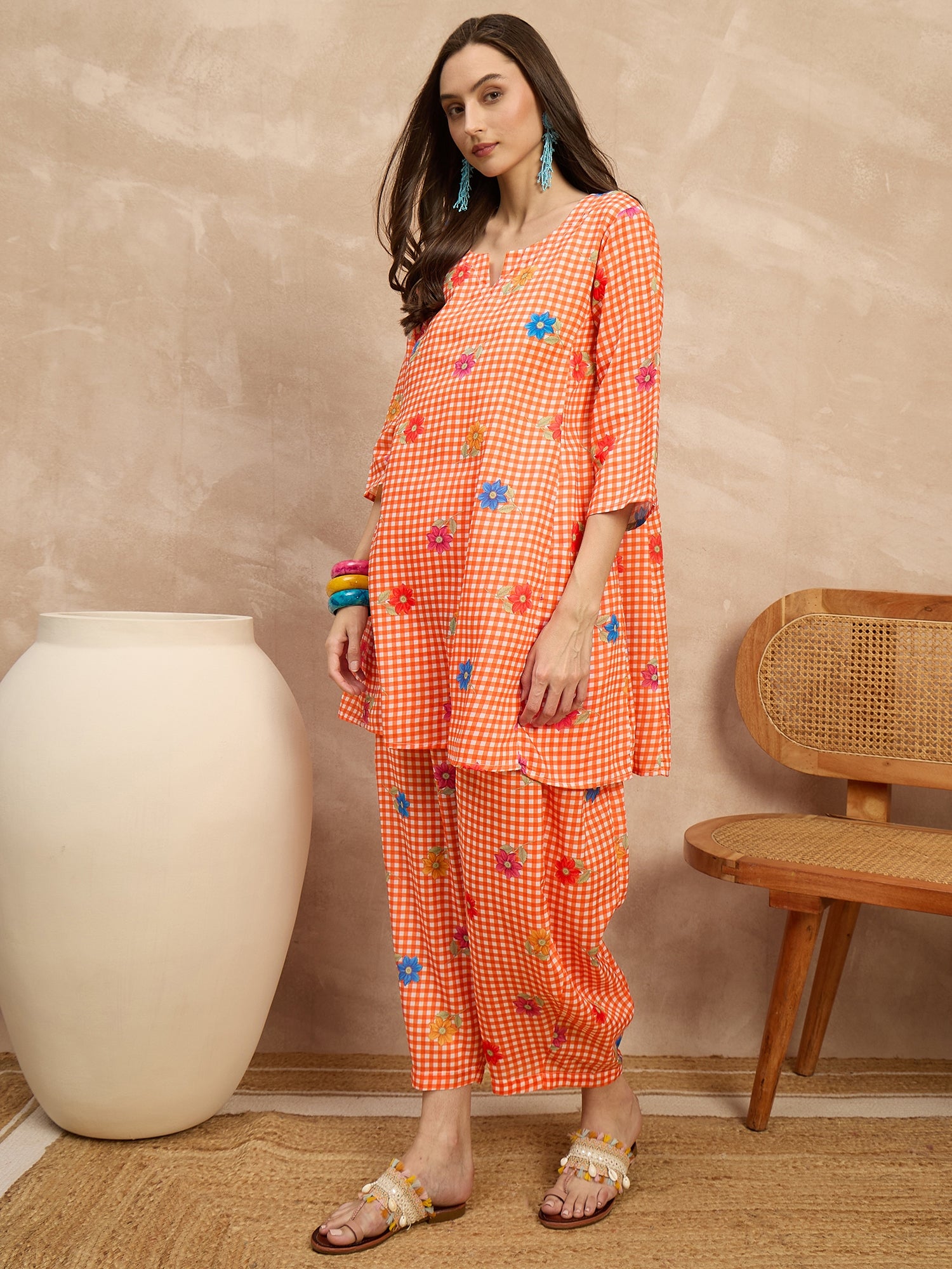 Orange Check Floral Balloon Co-Ord