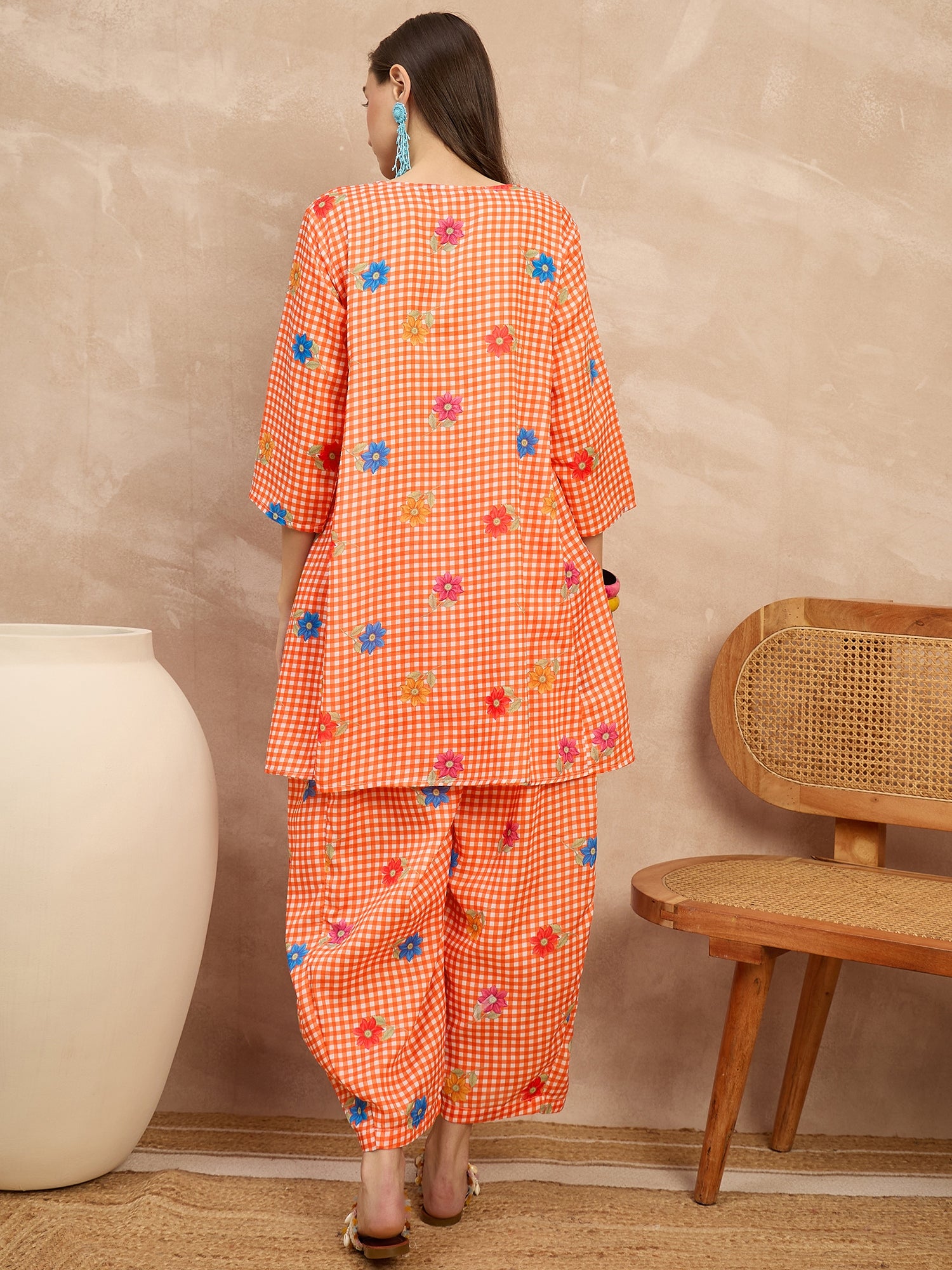 Orange Check Floral Balloon Co-Ord