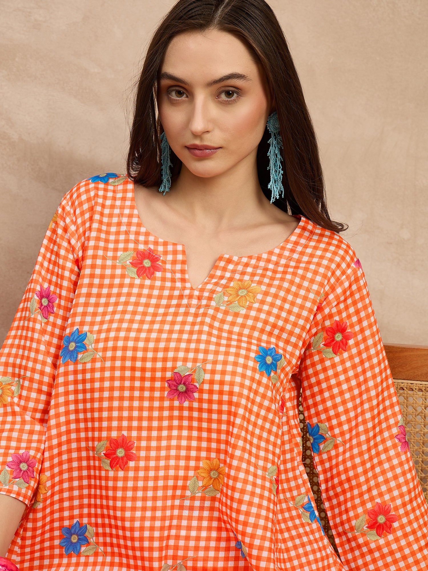 Orange Check Floral Balloon Co-Ord