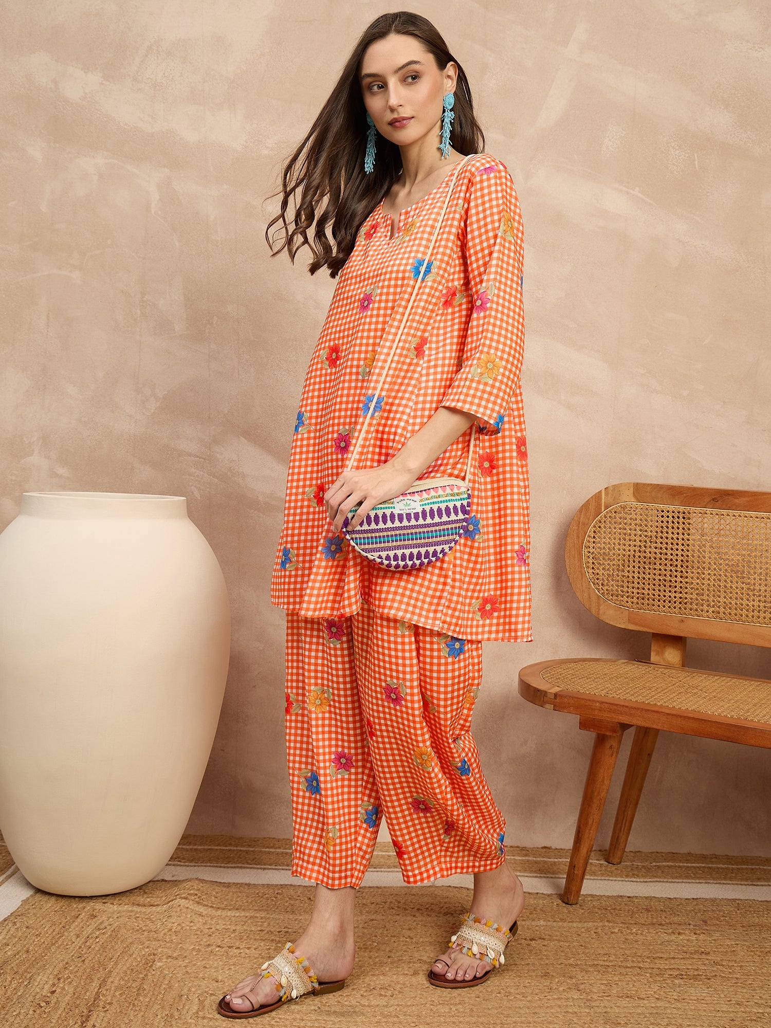 Orange Check Floral Balloon Co-Ord