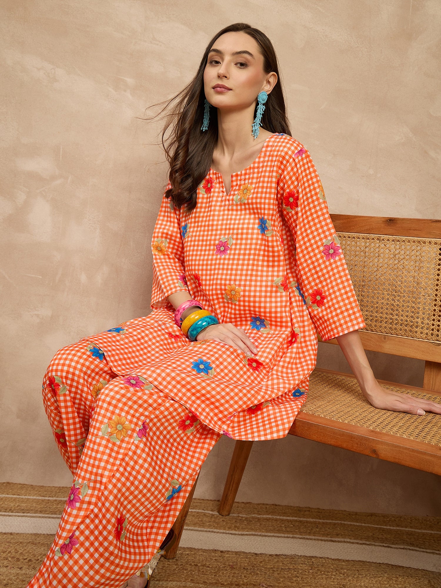 Orange Check Floral Balloon Co-Ord