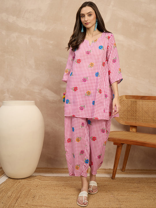 Fuchsia Check Floral Balloon Co-Ord