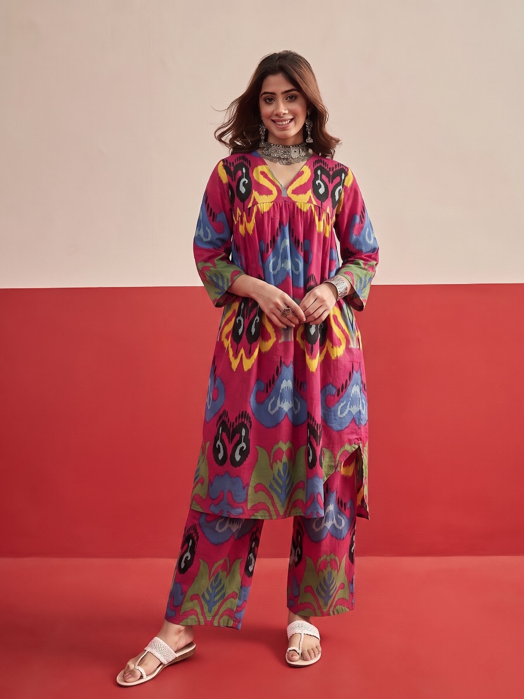 Dull Fuchsia Ikat Kurta Pant Set
