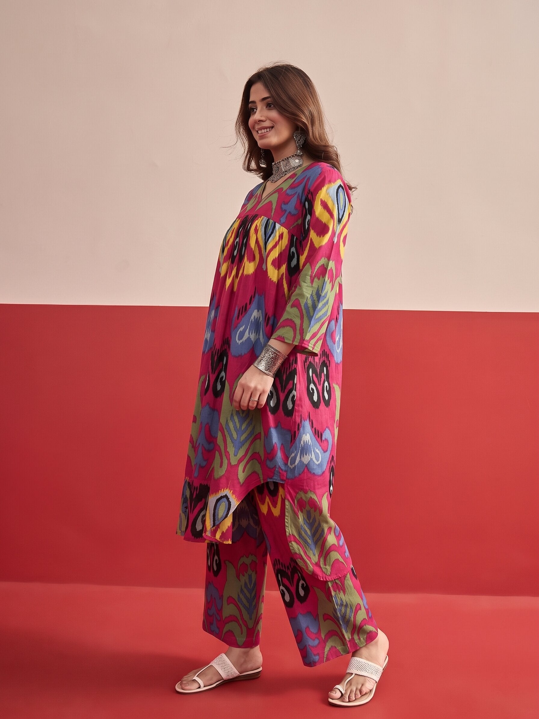 Dull Fuchsia Ikat Kurta Pant Set