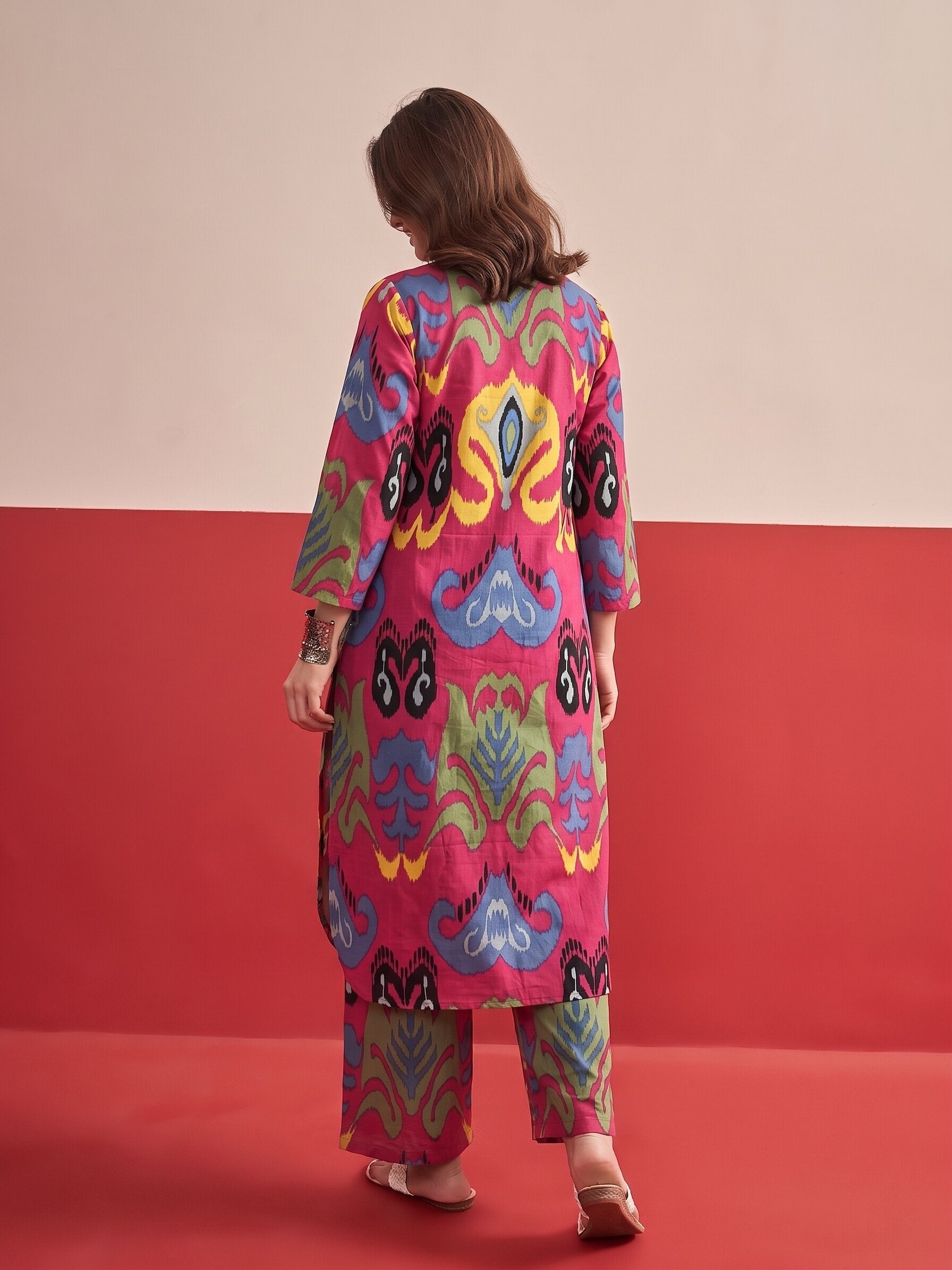Dull Fuchsia Ikat Kurta Pant Set