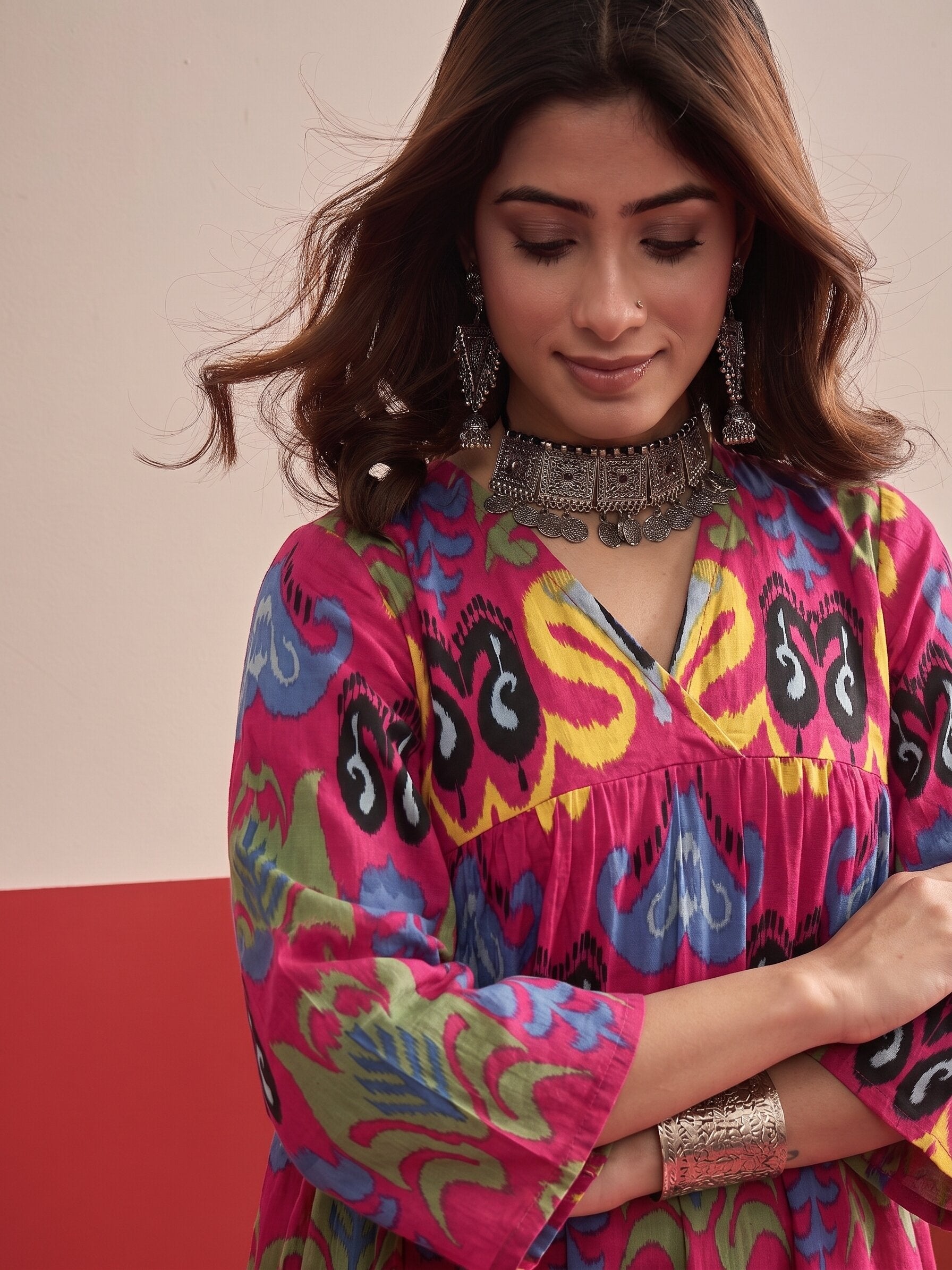 Dull Fuchsia Ikat Kurta Pant Set